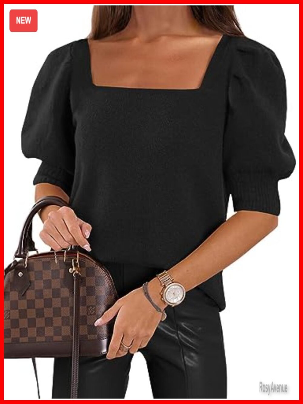 Womens Puff Short Sleeve Square Neck Knit Sweater Top Casual Pullover